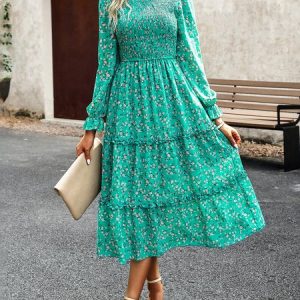 Women Small Floral Crew Neck Long Sleeve Comfy Casual Maxi Dress, Maxi, color:Green|size:XL, Noracora