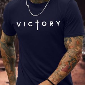 Men's Victory Religious Funny Graphic Print Cotton Text Letters Casual T-Shirt, color:Purplish blue|size:3XL, Lilicloth.com