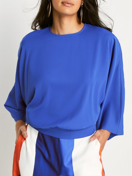 Vacation Batwing Sleeve Plain Loose Shirt, Blouses and Shirts, color:Blue|size:XXL, Stylewe