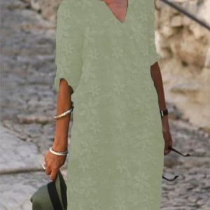 Plain Linen Cotton And Linen V Neck Dress, Short, color:Green|size:XS, catalog Noracora shop