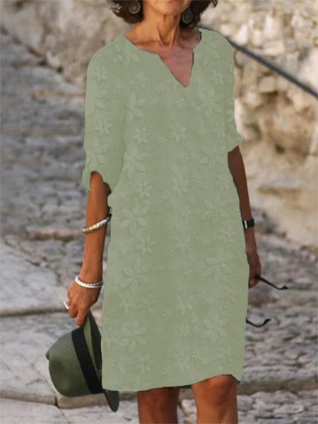 JFN Plain Cotton-blend V Neck Dress, JustFashionNow Dresses, color:Green|size:XS,