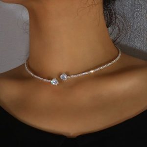 Banquet Party Full Diamond Choker Necklace Valentine's Day New Year Wedding Jewelry, Necklaces, color:Silver|size:One-size, JustFashionNow