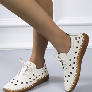 Women Hollow Out Lace Up Handmade Comfy Shoes, Flats, color:Off White|size:43, JustFashionNow