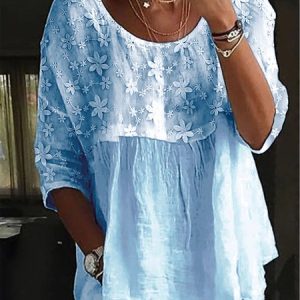 Women's Lace Embroidery Patchwork Linen Loose Crew Neck Split Joint Shirt, Shirts & Blouses, color:Blue|size:XXL, JustFashionNow