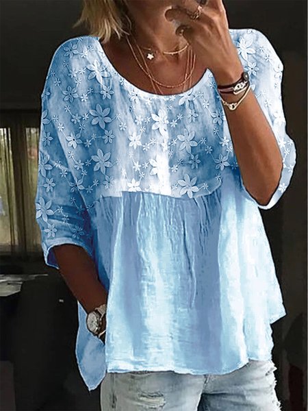 Women's Lace Embroidery Patchwork Linen Loose Crew Neck Split Joint Shirt, Shirts & Blouses, color:Blue|size:XXL, JustFashionNow