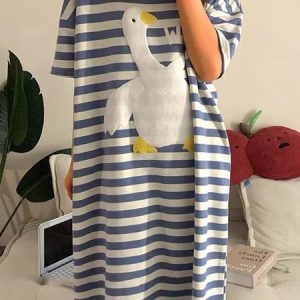 Breathable Comfortable Blue&White Striped Animal Pattern Loose Nightdress, Loungewear & Sleepwear, color:white-blue|size:XXL, JustFashionNow