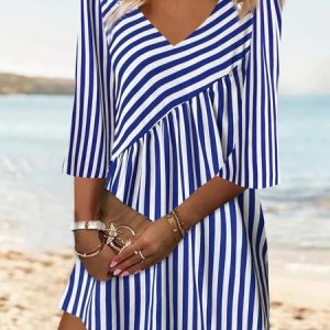 Women Striped V Neck Three Quarter Sleeve Comfy Casual Midi Dress, Midi, color:Blue|size:XXL, Noracora