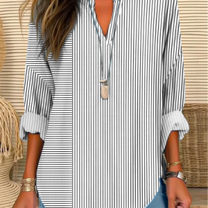 V Neck Long Sleeve Striped Regular Loose TUNIC Shirt For Women, Blouses, color:Black-white|size:XXL, Noracora