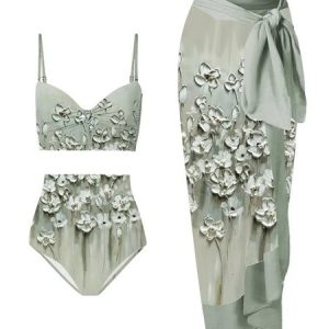 Printing Elegant Floral V Neck Bikini With Cover Up, Bikini Sets, color:Green|size:S, Stylewe