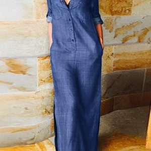 Plus Size Plain Casual Shirt Collar Maxi Dress, Plus Dresses, color:Blue|size:4X, Stylewe