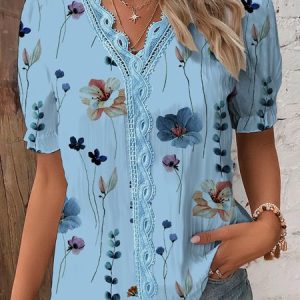 V Neck Casual Floral Lace Shirt, Shirts & Blouses, color:Blue|size:XXL, JustFashionNow