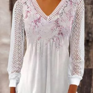 Woman Loose V-Neck Fashion Urban Floral Print Lace Panel Shirt, Shirts & Blouses, color:Color3|size:3XL, JustFashionNow