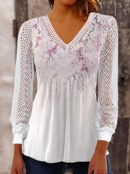 Woman Loose V-Neck Fashion Urban Floral Print Lace Panel Shirt, Shirts & Blouses, color:Color3|size:3XL, JustFashionNow