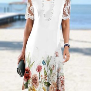 Lace Regular Fit Casual Floral Dress, Dresses, color:White|size:XXL, JustFashionNow