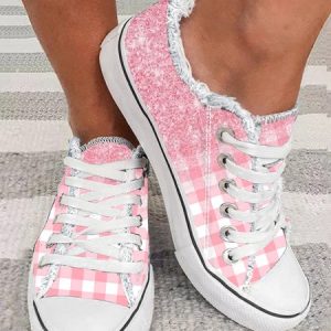 Gillter Plaid Pattern Fringe Lace-Up Canvas Shoes, Sneakers, color:Pink|size:43, JustFashionNow