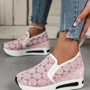 Pink Floral Embroidery Breathable Mesh Slip On Muffin Shoes, Sneakers, color:Pink|size:42, JustFashionNow