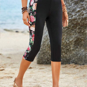 Floral Casual Jersey Tight Leggings With No, Leggings, color:Black|size:XXL, JustFashionNow
