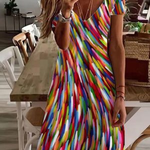 Gradient Pattern V Neck Casual Loose Dress, Dresses, color:Red|size:XXL, Noracora