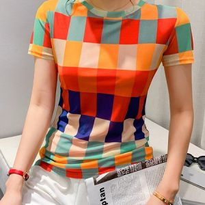 Casual Tight Crew Neck Plaid T-Shirt, Tees, color:Multicolor|size:XXL, Stylewe