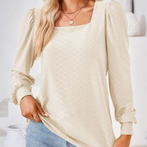 Urban Casual Solid Color Plaid Jacquard Long Sleeve T-Shirt Daily Women's Clothing, T-Shirts, color:Apricot|size:XXL, JustFashionNow