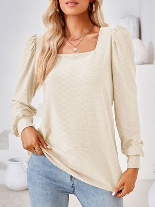 Urban Casual Solid Color Plaid Jacquard Long Sleeve T-Shirt Daily Women's Clothing, T-Shirts, color:Apricot|size:XXL, JustFashionNow