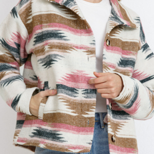 Shawl Collar Long Sleeve Ethnic Buckle Regular Loose Jacket For Women, Jackets, color:Pink-white|size:XL, Noracora