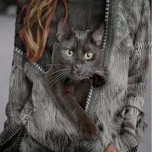 JFN Crew Neck Cute Black Cat print Casual Sweatshirt, Sweatshirts & Hoodies, color:Black-grey|size:3XL, JustFashionNow