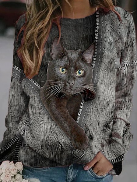 JFN Crew Neck Cute Black Cat print Casual Sweatshirt, Sweatshirts & Hoodies, color:Black-grey|size:3XL, JustFashionNow