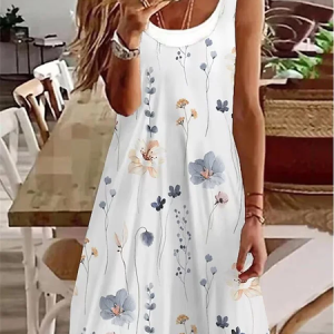 Casual Floral Loose Crew Neck Dress, Dresses, color:White|size:XXL, Noracora