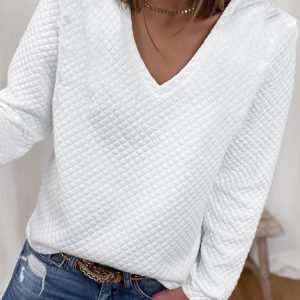 Casual V Neck Plain Sweatshirt, Hoodies & Sweatshirts, color:White|size:XXL, Noracora
