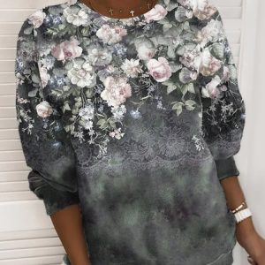 Floral Crew Neck Sweatshirt, Hoodies & Sweatshirts, color:Green|size:XXL, Noracora