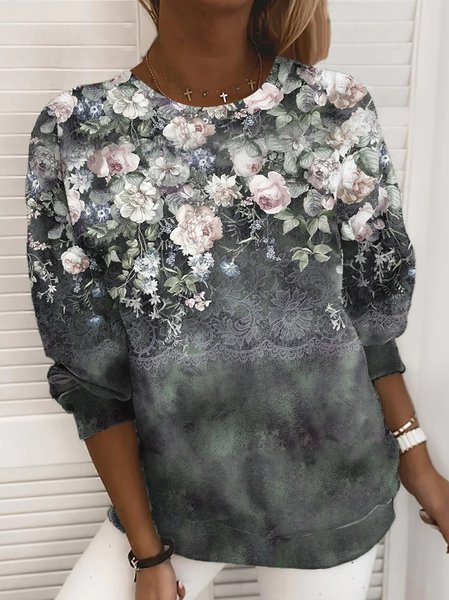 Floral Crew Neck Sweatshirt, Sweatshirts & Hoodies, color:Green|size:XXL, JustFashionNow