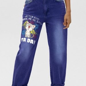 Women's Funny Cat After God Made Me He Said Ta Da Graphic Casual Printed Jeans, color:Blue|size:3XL, Lilicloth.com