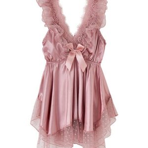 Deep V Sexy Romantic Elegant Lace Silk Nightdress, Sleepwear&Robes, color:Dusty Pink|size:XL, JustFashionNow