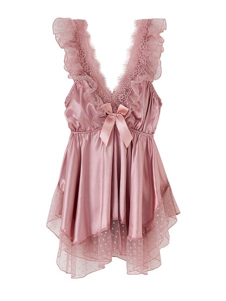 Deep V Sexy Romantic Elegant Lace Silk Nightdress, Sleepwear&Robes, color:Dusty Pink|size:XL, JustFashionNow