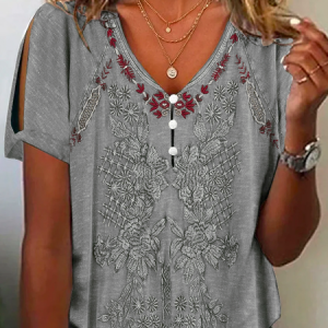Casual V Neck Ethnic Buttoned Shirt, Shirts & Blouses, color:Gray|size:XXL, JustFashionNow