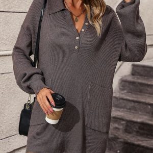 Women Cotton Plain Long Sleeve Comfy Casual Sweater, Sweaters, color:Brown|size:XL, Noracora