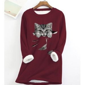 Grey Fun Cat Fleece Warm Sweatshirt, Sweatshirts & Hoodies, color:Wine Red|size:XXL, JustFashionNow