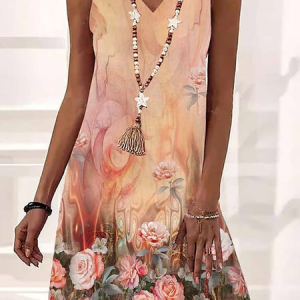 Floral V Neck Casual Loose Dress, Dresses, color:Yellow|size:XXL, JustFashionNow
