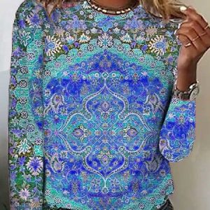 Loose Ethnic Casual T-Shirt, T-shirts, color:Blue|size:XXL, Noracora