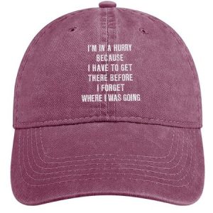 Women‘s Funny Quotes I'm In A Hurry Because I Have To Get There Before I Forget Where I Was Going Adjustable Denim Hat, color:Wine Red|size:One-size, Lilicloth.com