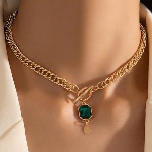 Casual Green Crystal Chain Necklace Vacation Everyday Women's Jewelry, Necklaces, color:As Picture|size:One-size, JustFashionNow