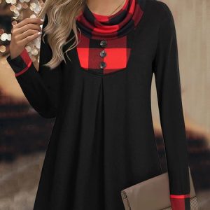 JFN Cowl Neck Buttoned Color Block Grid Top, Shirts & Blouses, color:Black|size:XXL, JustFashionNow