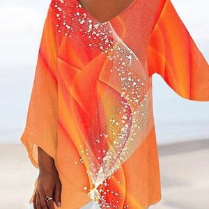 V Neck Ombre Loose Casual T-Shirt, Shirts & Blouses, color:Orange|size:XXL, JustFashionNow