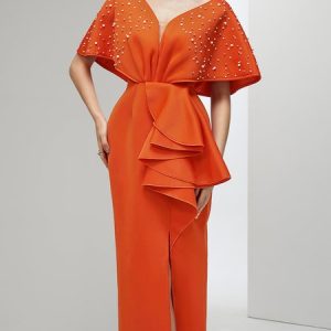 Elegant V Neck Imitation Pearls Regular Fit Wedding Guest Dress, Maxi Dresses, color:Orange|size:XXL, Stylewe
