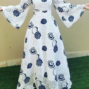 Crew Neck Long Sleeve Regular Fit Elegant Floral Maxi Dress, Maxi Dresses, color:White|size:XXL, Stylewe