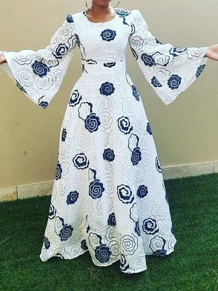 Crew Neck Long Sleeve Regular Fit Elegant Floral Maxi Dress, Maxi Dresses, color:White|size:XXL, Stylewe