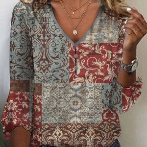 Casual Ethnic V Neck Loose T-Shirt, T-shirts, color:Red|size:XXL, Noracora