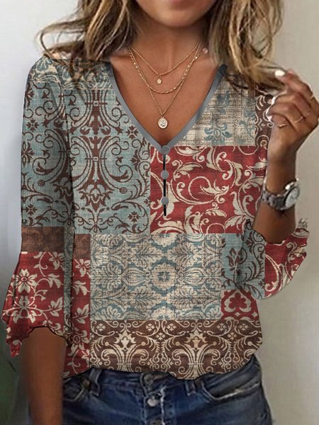 Casual Ethnic V Neck Loose T-Shirt, T-Shirts, color:Red|size:XXL, JustFashionNow