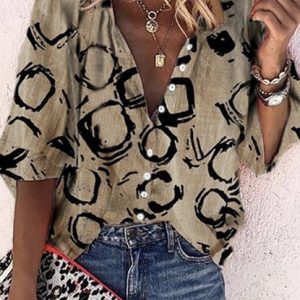 JFN V Neck Lantern Sleeve Geometric Blouse, Shirts & Blouses, color:Camel|size:XXL, JustFashionNow